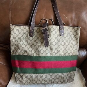 Gucci Monogram Tote with Red and Green Stripe
